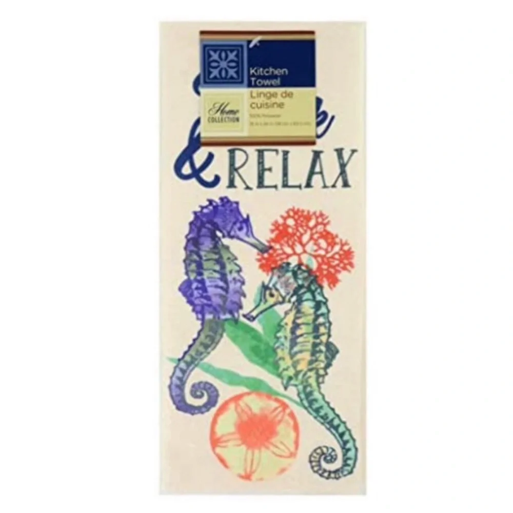 Kitchen Towel - “Sip Back & Relax” Seahorse Coastal Sentiment, Set of 2